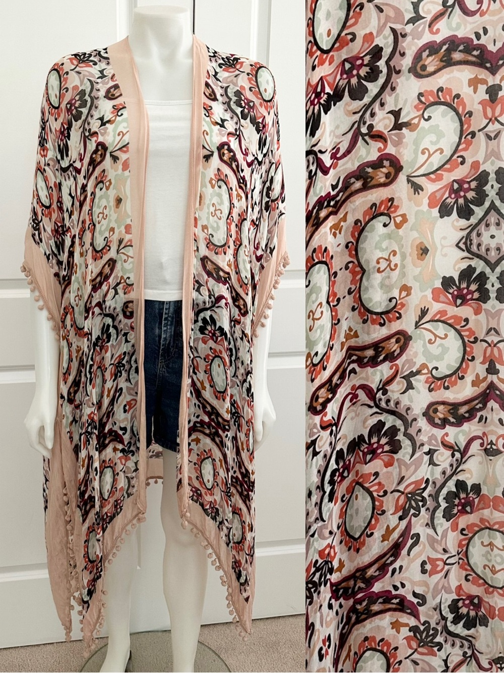 Shiraleah Blush & Multi Paisley & Floral Sheer Kimono Cardigan Wrap / Coverup